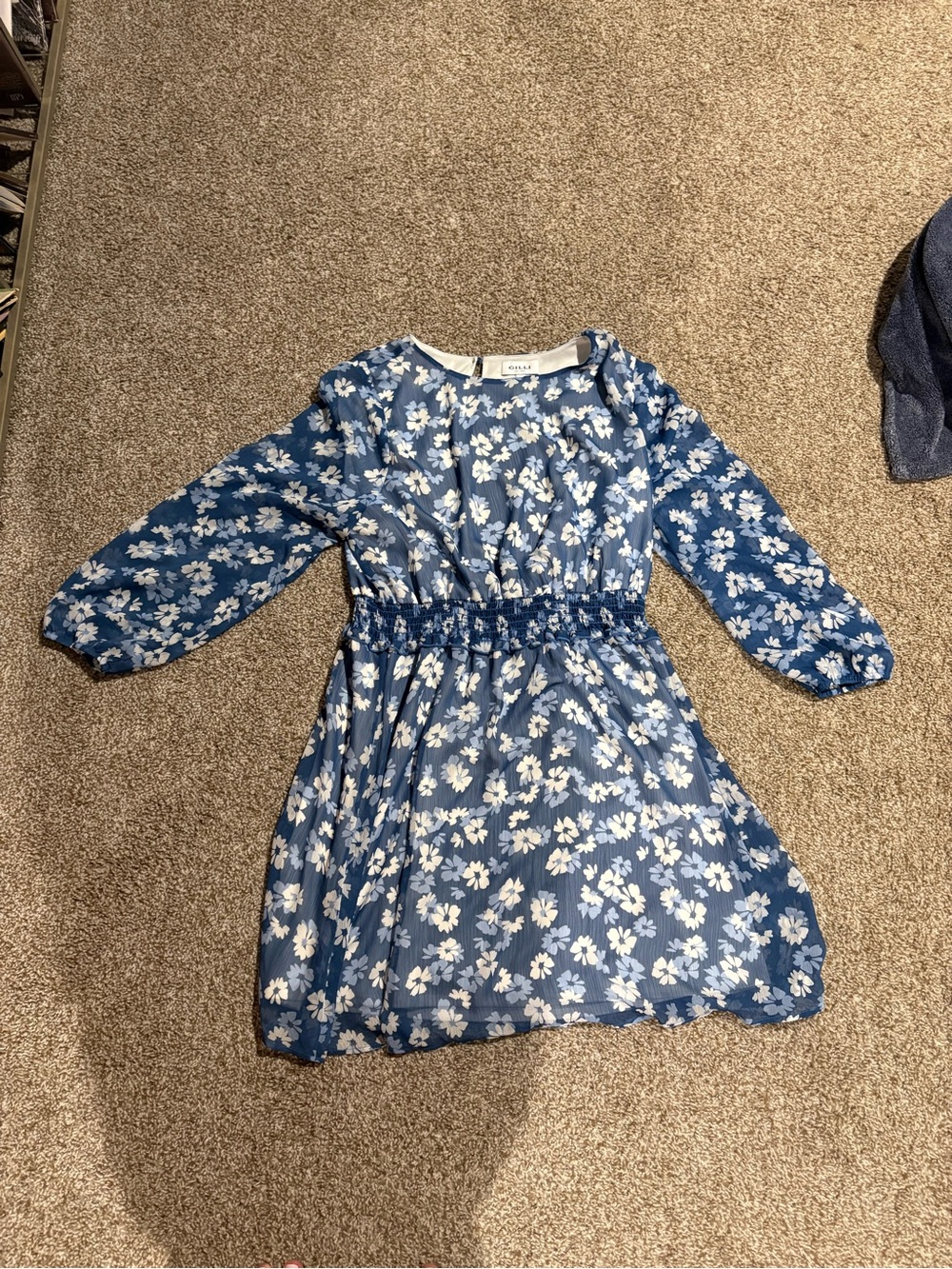 Gilli Blue Floral Elastic-Waist Long Sleeve Dress
